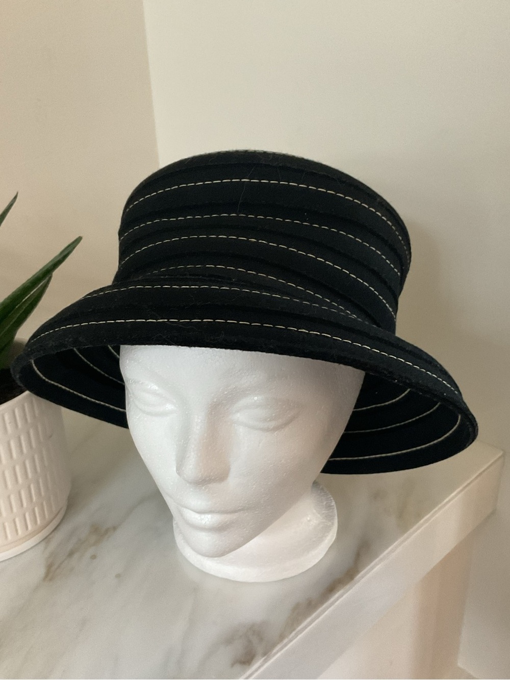 *** Wallis Black Soft Down-turned Brim Cloche Hat with Contrast Stitching